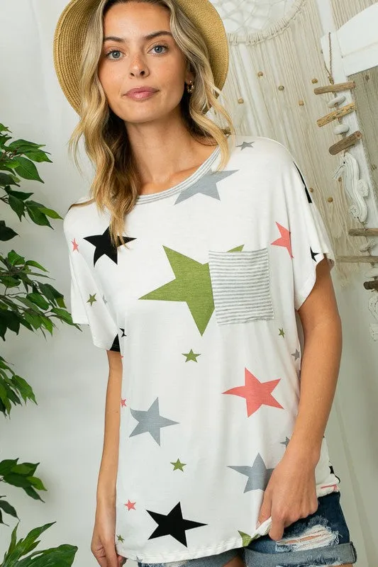 TEEK - PLUS SIZE STAR STRIPE JERSEY POCKET TOP