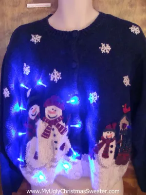 Three Snowmen Tacky Xmas Sweater with Lights