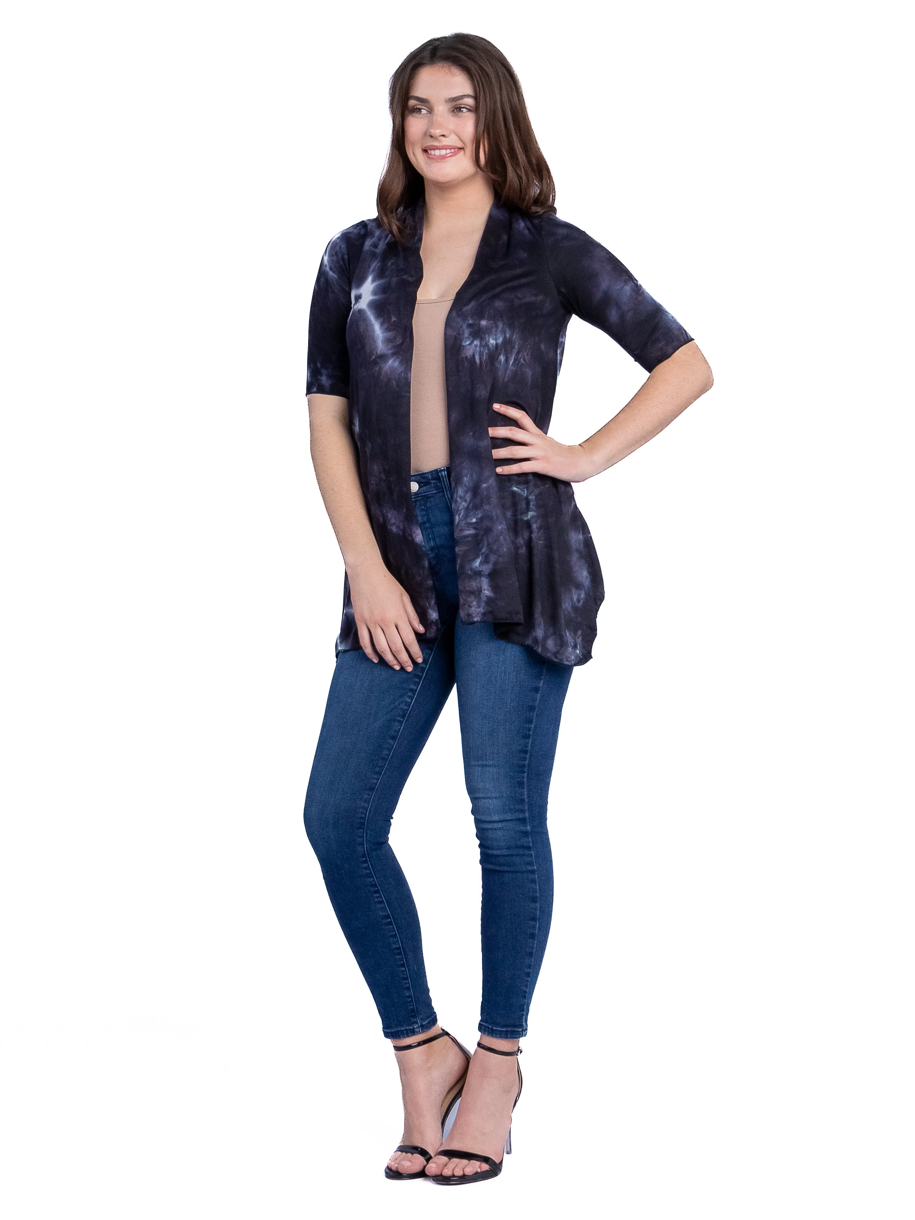 Tie Dye Elbow Sleeve Open Front Cardigan