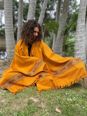 UPEKKHA Shawl Turmeric Orange Handwoven Cashmere and Acrylic Wool Meditation Prayer Scarf Wrap Blanket Tibetan Zen Embroidery Boho AJJAYA