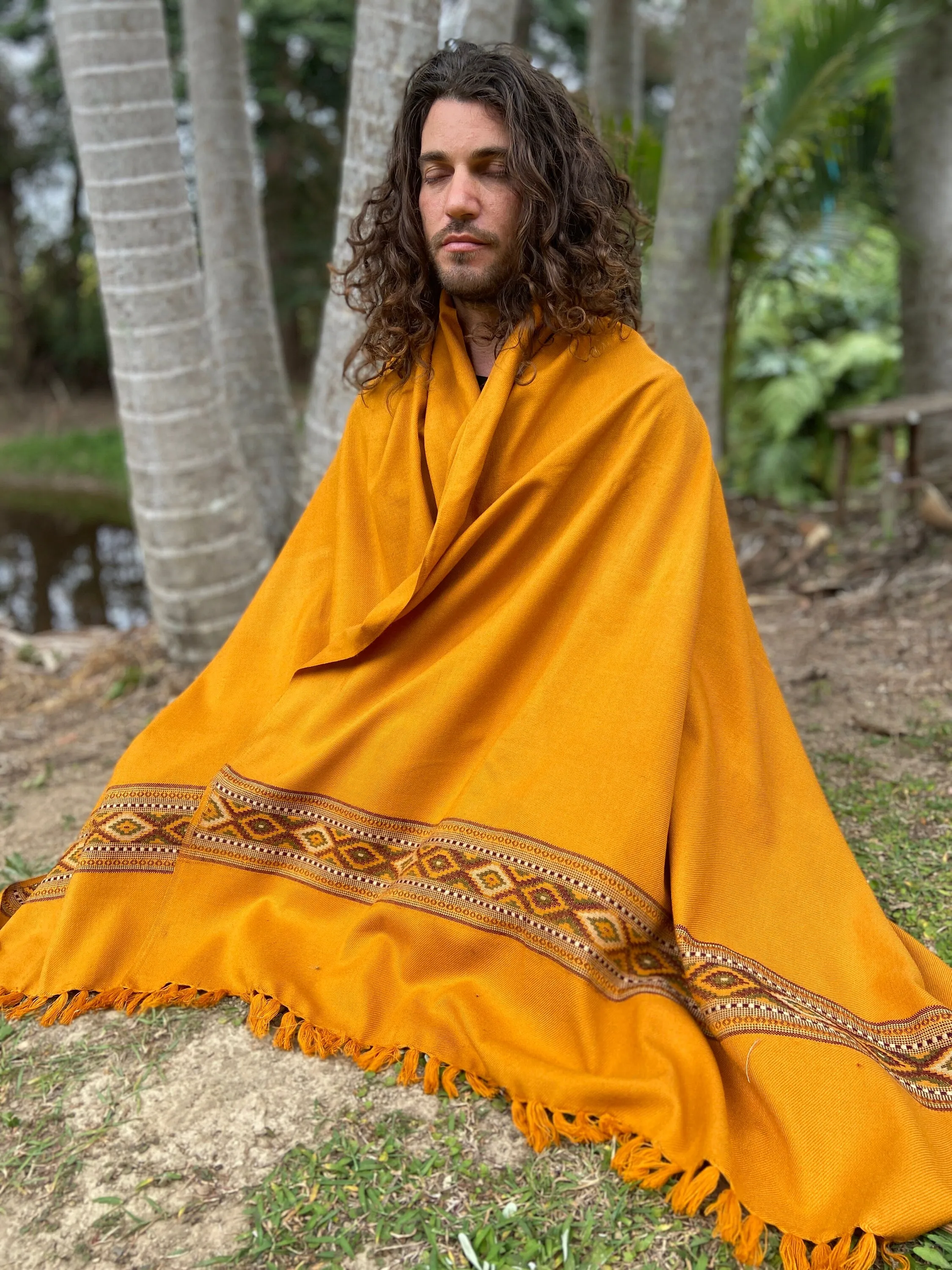 UPEKKHA Shawl Turmeric Orange Handwoven Cashmere and Acrylic Wool Meditation Prayer Scarf Wrap Blanket Tibetan Zen Embroidery Boho AJJAYA