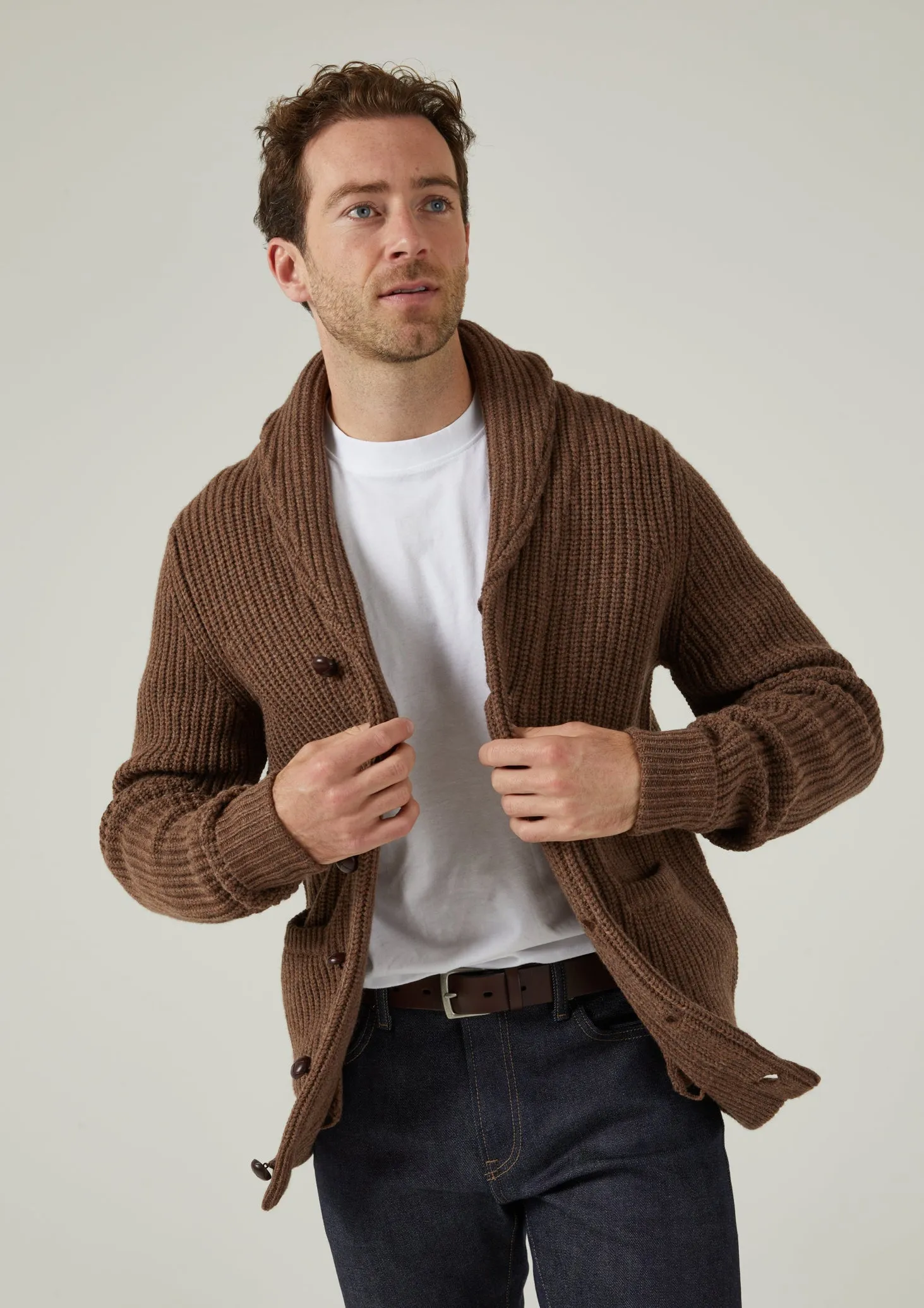 Usworth Men's Shawl Collar Lambswool Jumper In Tobacco - Regular Fit