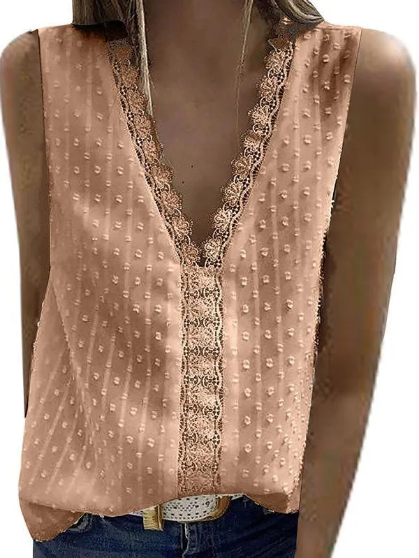 V Neck Tank Top Womens Swiss Dot Lace Trim Shirt