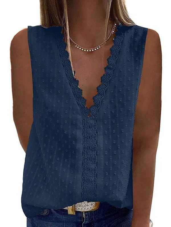 V Neck Tank Top Womens Swiss Dot Lace Trim Shirt