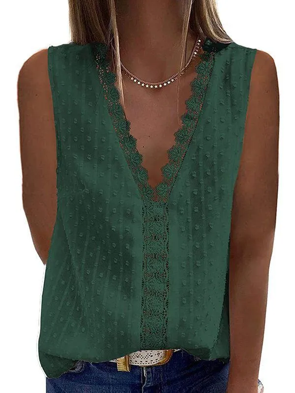 V Neck Tank Top Womens Swiss Dot Lace Trim Shirt