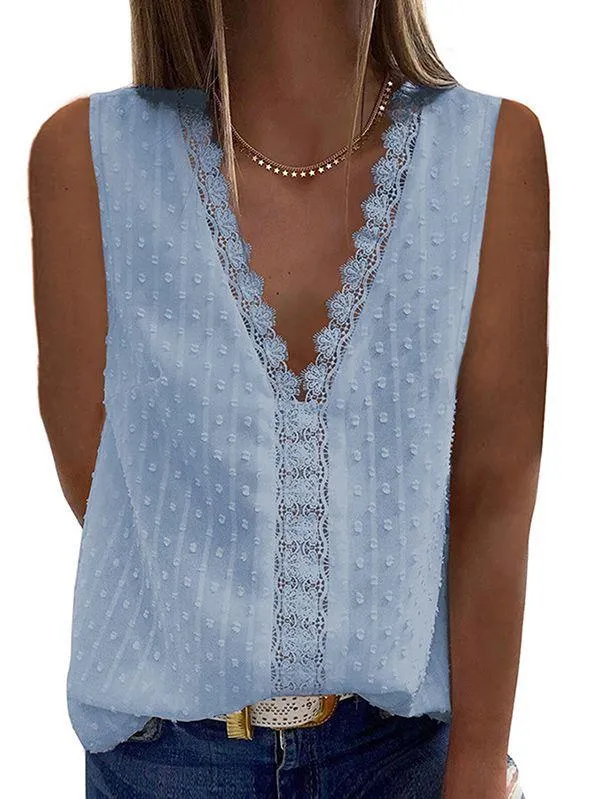 V Neck Tank Top Womens Swiss Dot Lace Trim Shirt