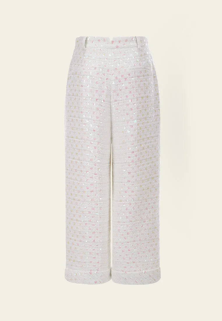 White Sequin Tweed Pants