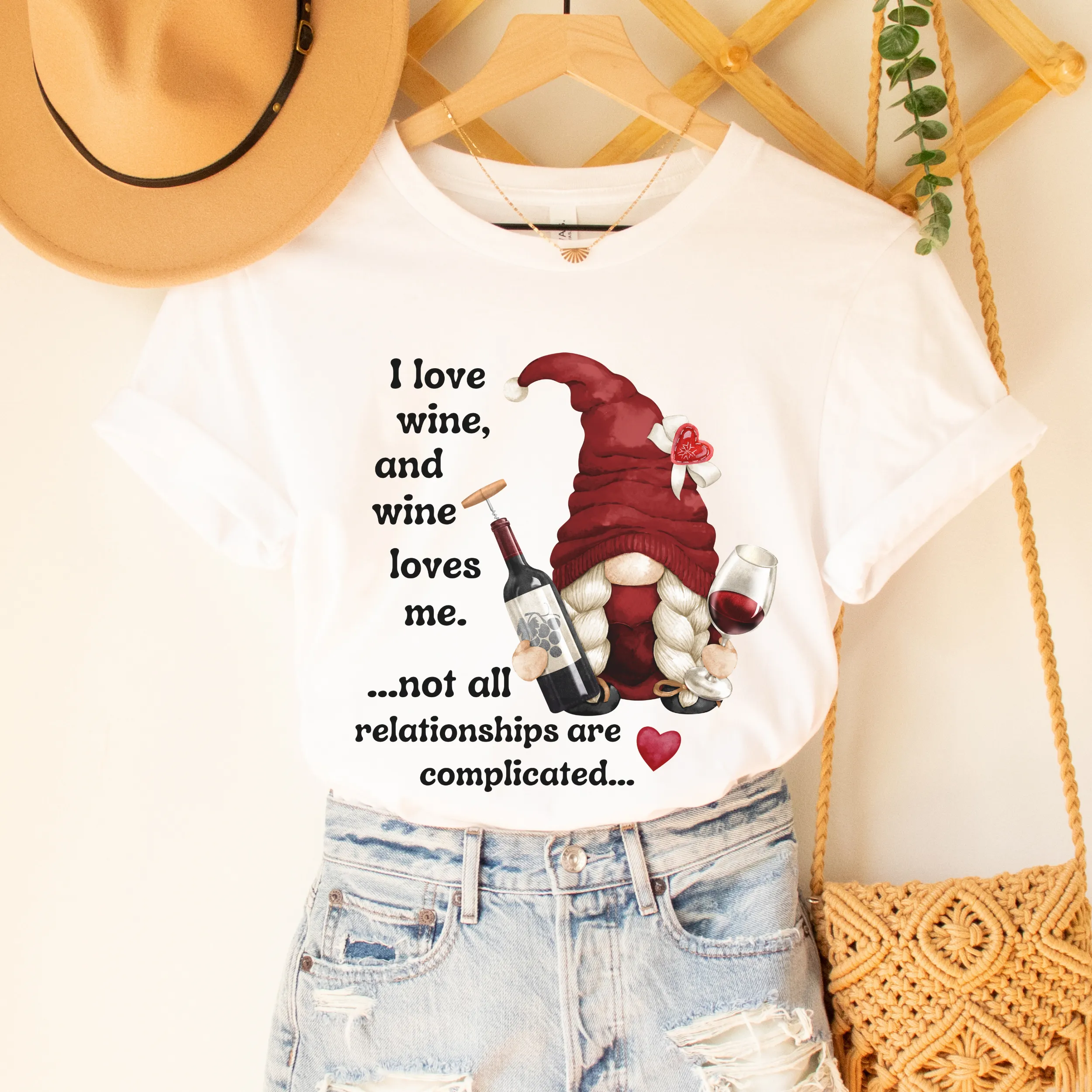 Women's Valentine's Wine Gnome Funny I love Wine And Wine Loves Me Unisex Jersey Short Sleeve Tee