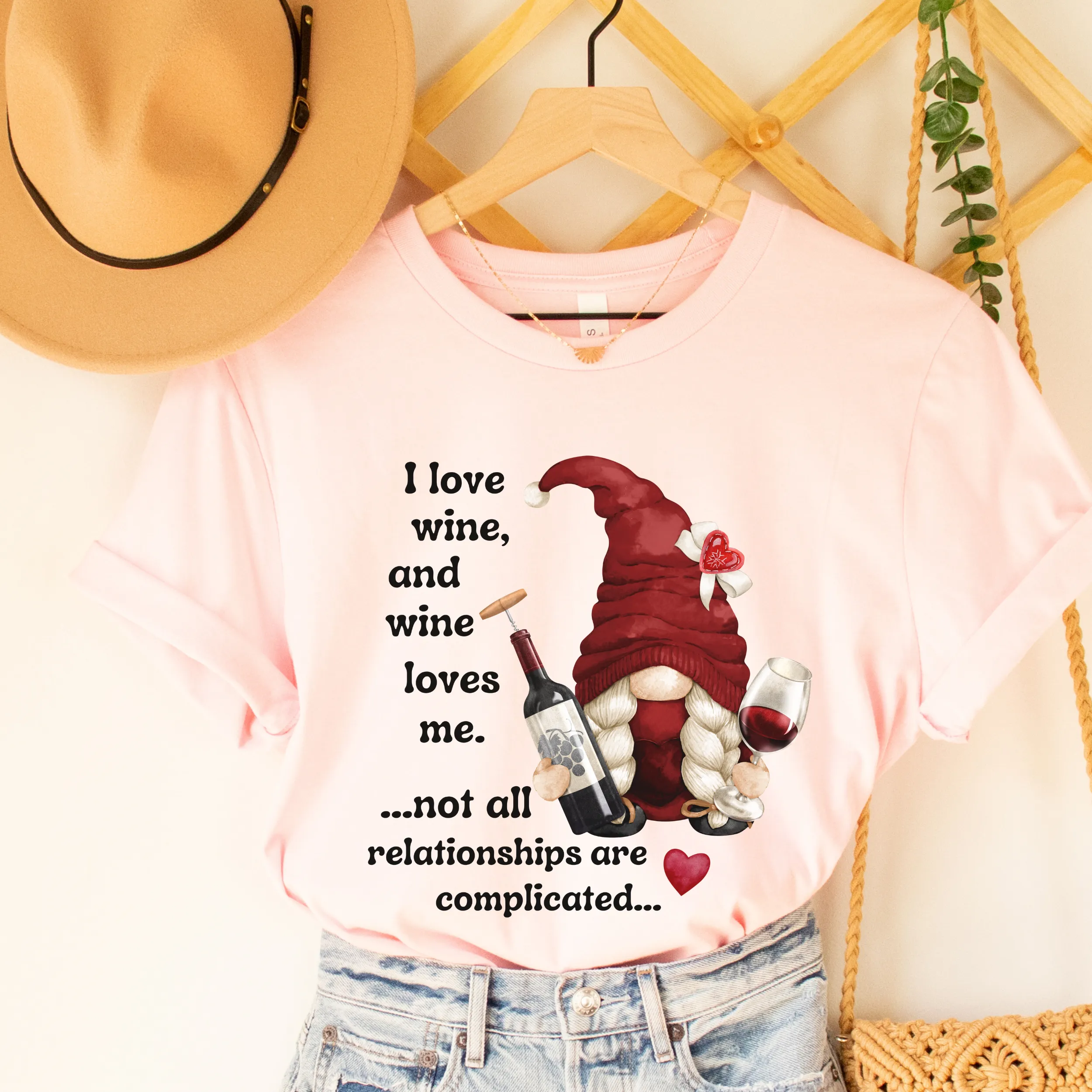 Women's Valentine's Wine Gnome Funny I love Wine And Wine Loves Me Unisex Jersey Short Sleeve Tee