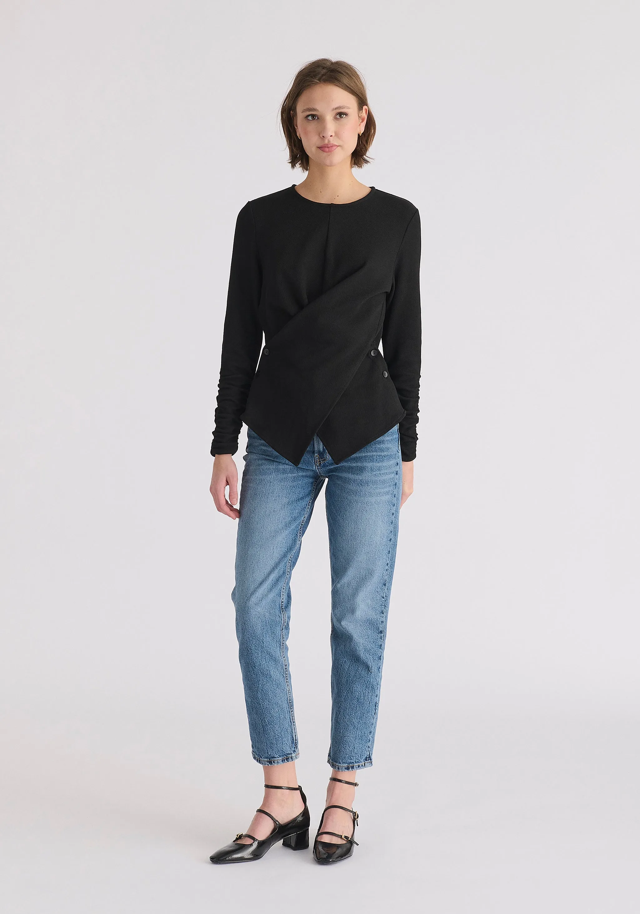 Wrap Top with Ruched Sleeve Detail