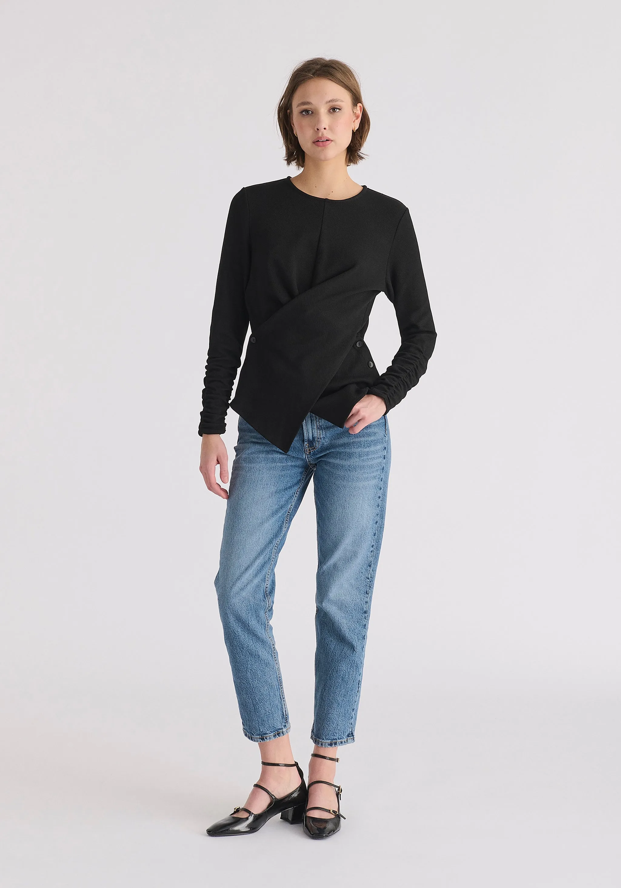 Wrap Top with Ruched Sleeve Detail