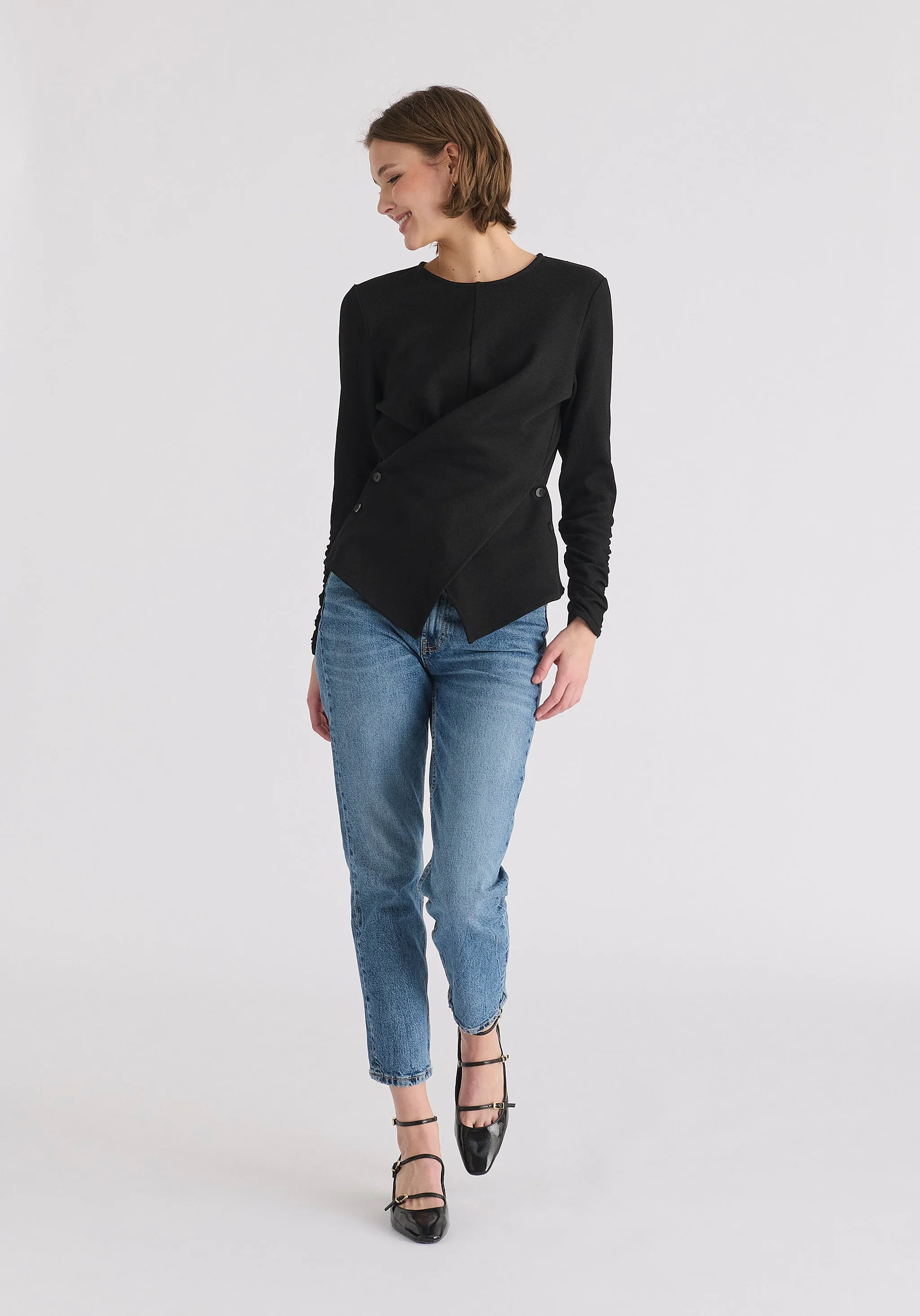 Wrap Top with Ruched Sleeve Detail